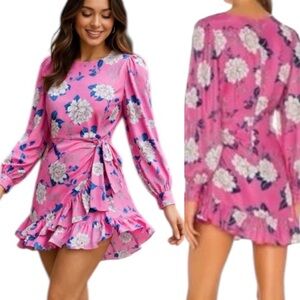 YUMI KIM Silk Pink Floral Wrap Style Dress Ruffle Hem Blogger Favorite Sz 6 NWT